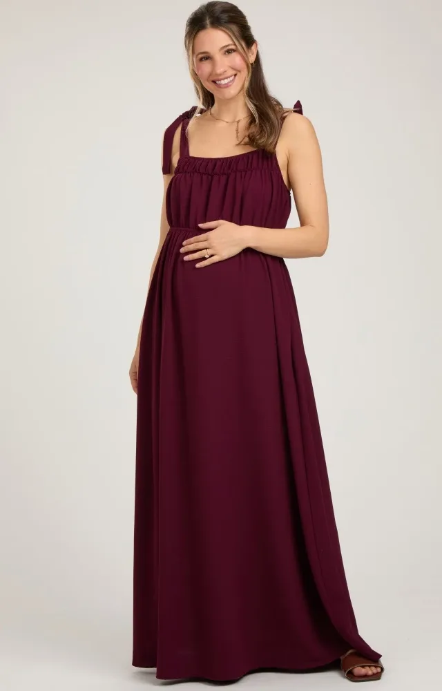 Plum Square Neck Shoulder Tie Maternity Maxi Dress