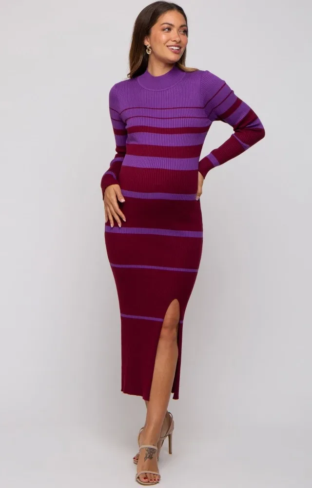 Plum Striped Mock Neck Maternity Sweater Dress