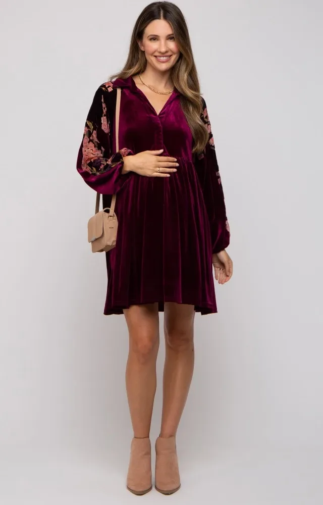 Plum Velvet Floral Long Sleeve Maternity Dress