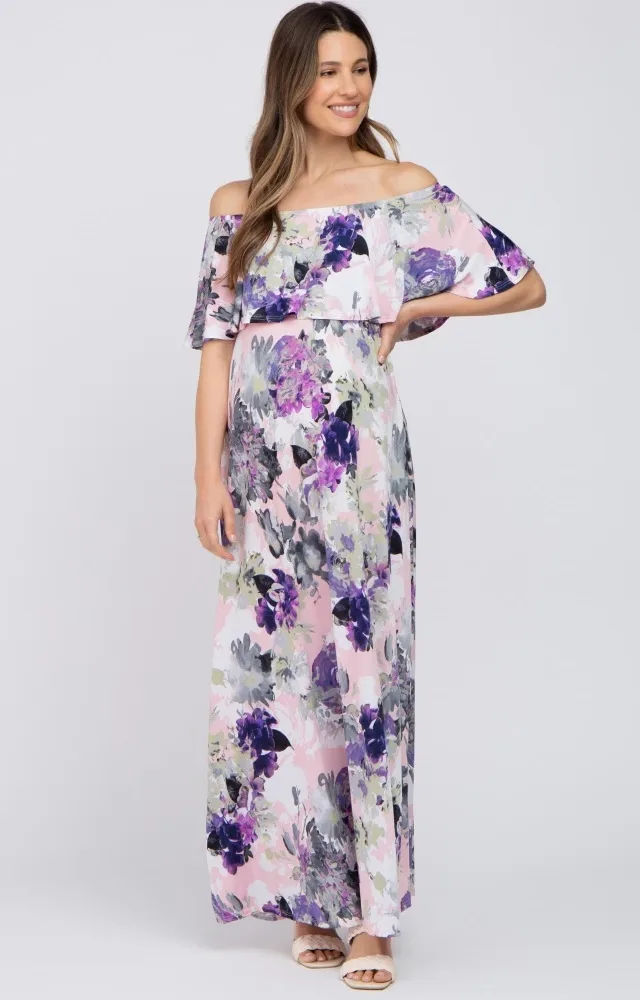 Purple Floral Ruffle Off Shoulder Maternity Maxi Dress