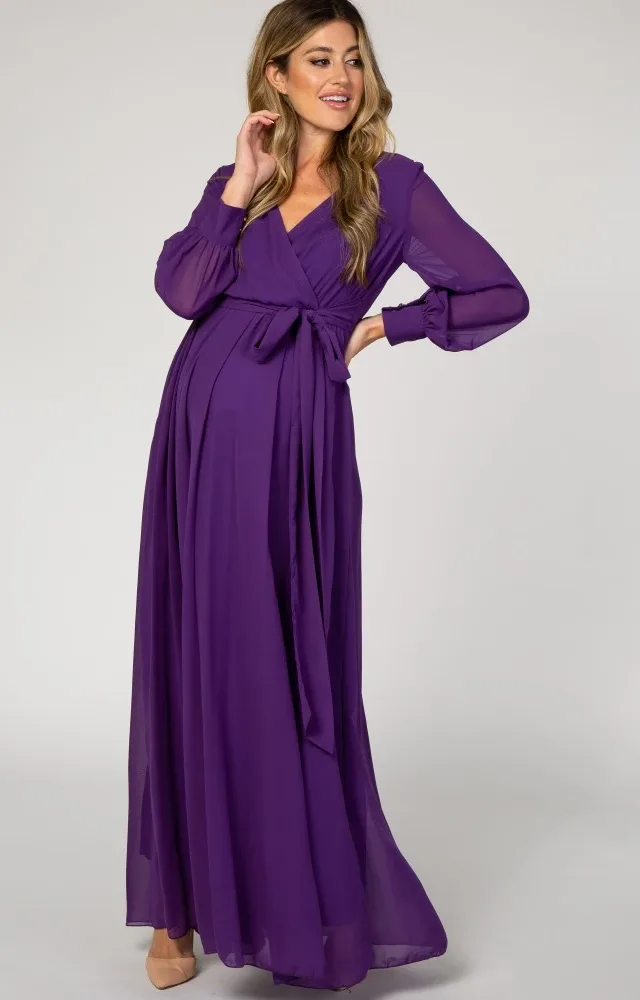 Purple Long Sleeve Maternity Maxi Dress