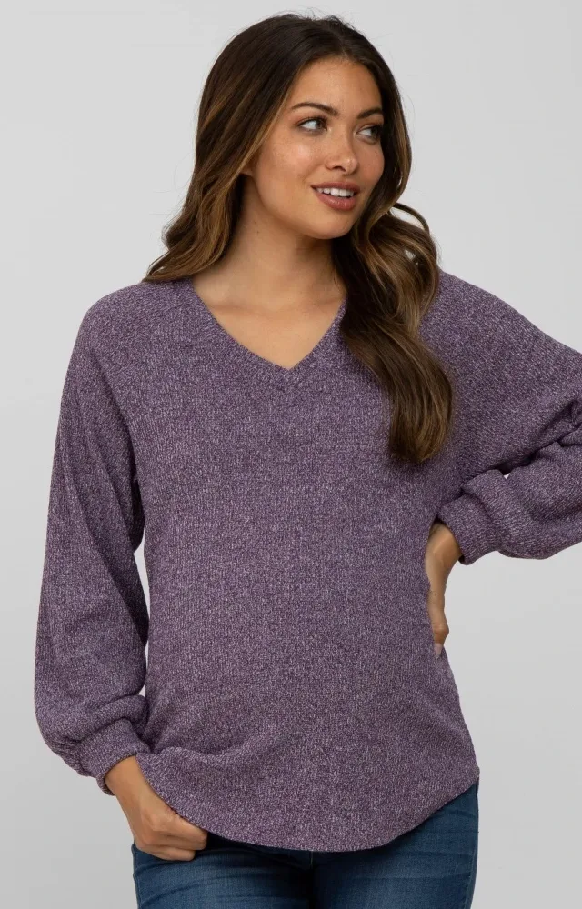 Purple Marled V-Neck Long Sleeve Maternity Top