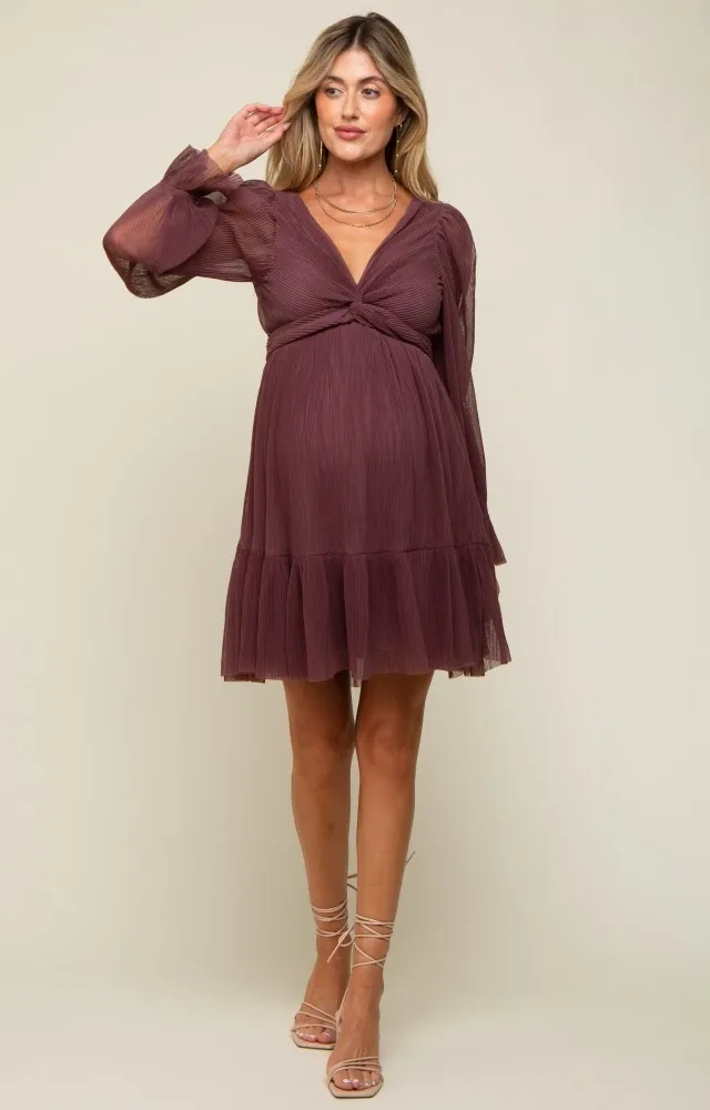 Purple Pleated Knotted Long Sleeve Maternity Dress