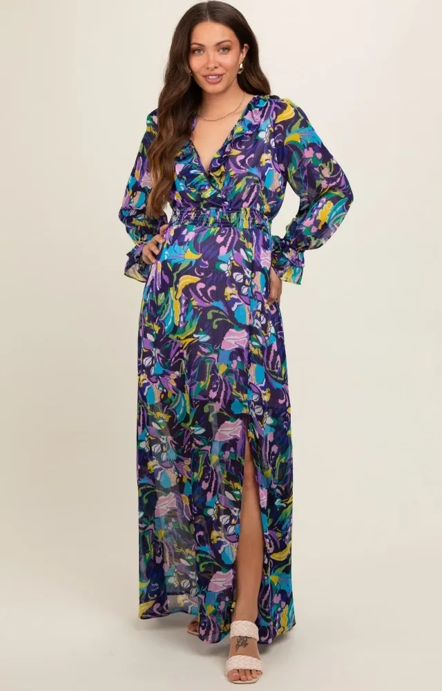 Purple Print Ruffle Long Sleeve Maternity Maxi Dress