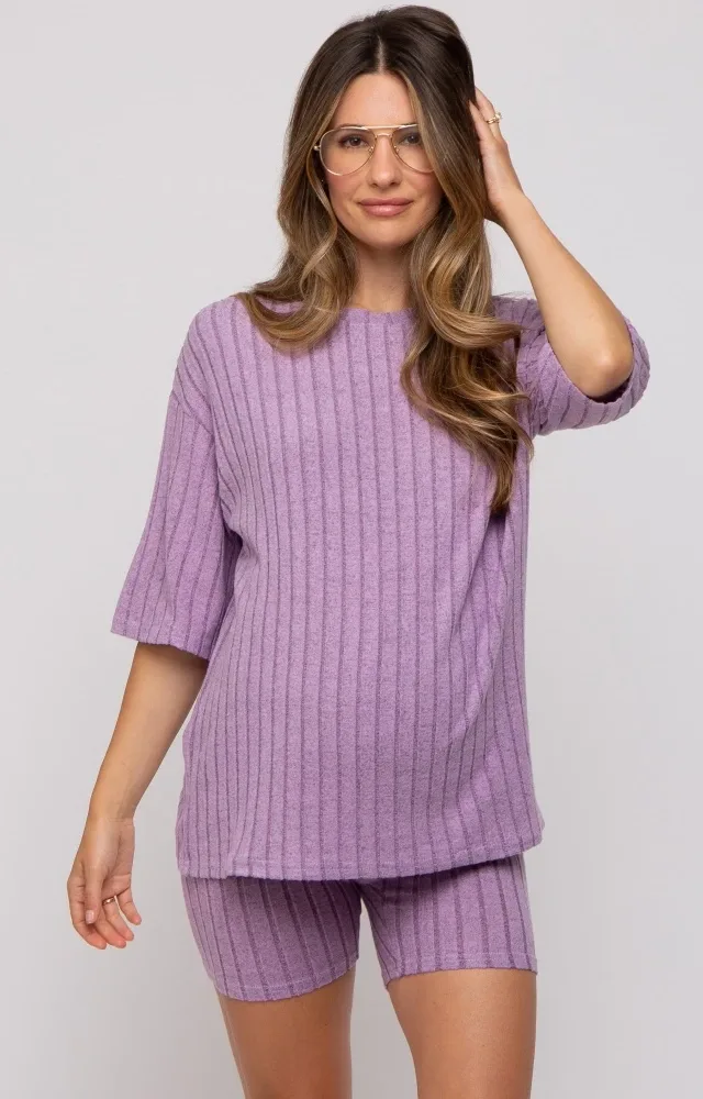 Purple Ribbed Soft Short Sleeve Maternity Shorts Set