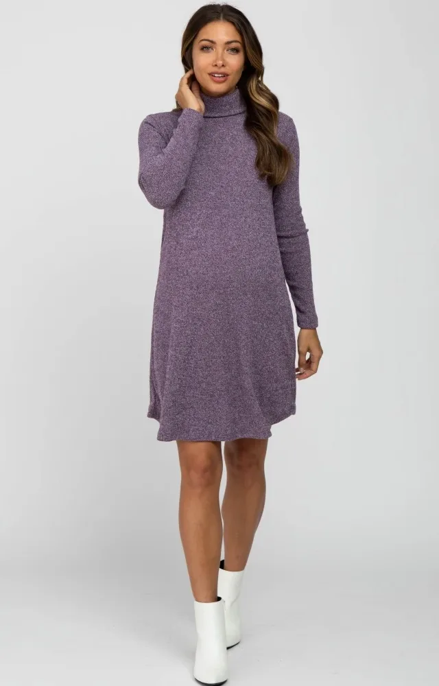 Purple Ribbed Turtleneck Maternity Dress