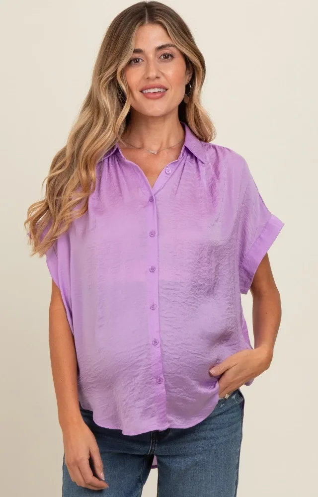 Purple Satin Button Front Collared Short Sleeve Maternity Top