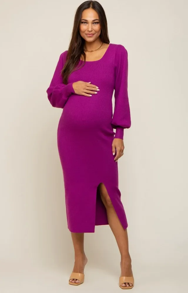 Purple Side Slit Sweater Knit Maternity Midi Dress