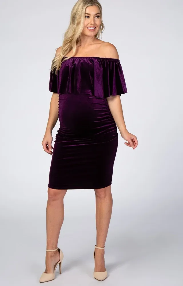 Purple Velvet Off Shoulder Maternity Dress