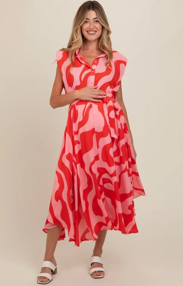 Red Abstract Print Collared Belted Maternity Dress