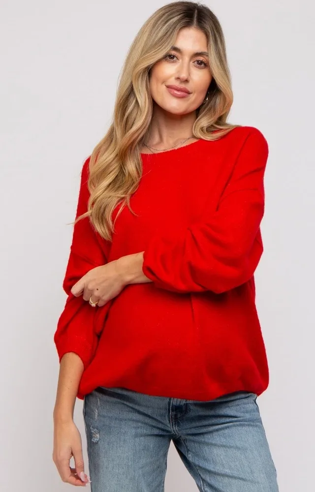 Red Basic Drop Shoulder Maternity Sweater