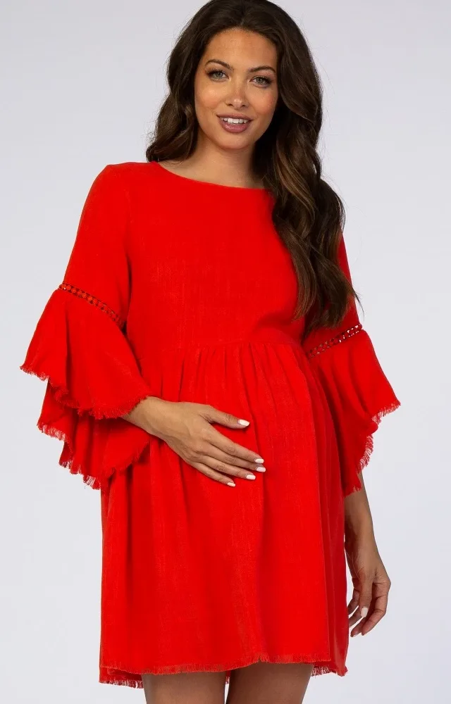 Red Bell Sleeve Babydoll Maternity Dress