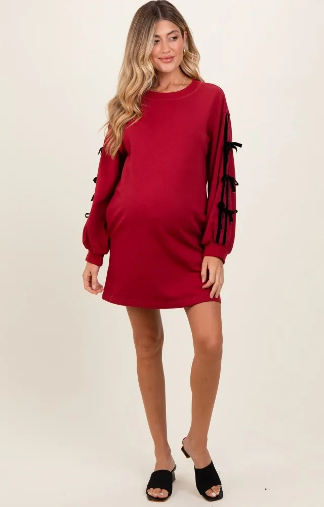 Red Bow Detail Long Sleeve Sweatshirt Maternity Mini Dress