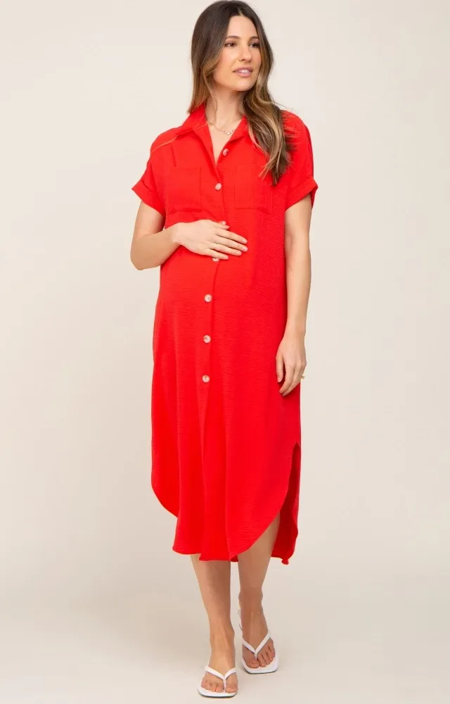 Red Button Down Hi Low Maternity Maxi Dress