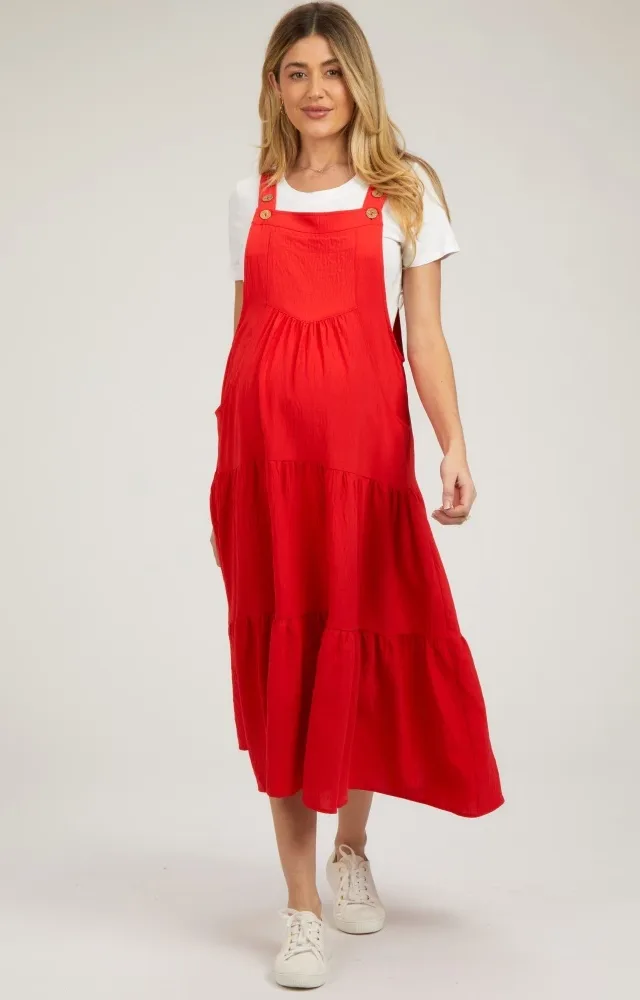 Red Button Sling Tiered Maternity Midi Dress