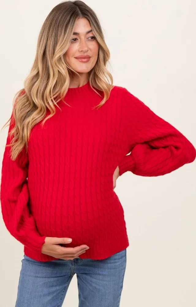 Red Cable Knit Mock Neck Bubble Sleeve Maternity Sweater