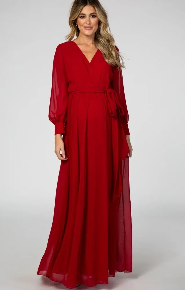 Red Chiffon Long Sleeve Pleated Maternity Maxi Dress