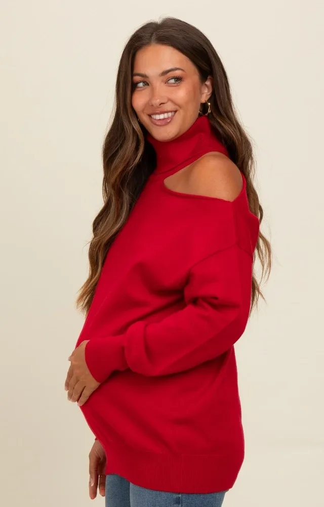 Red Cold Shoulder Turtle Neck Maternity Sweater