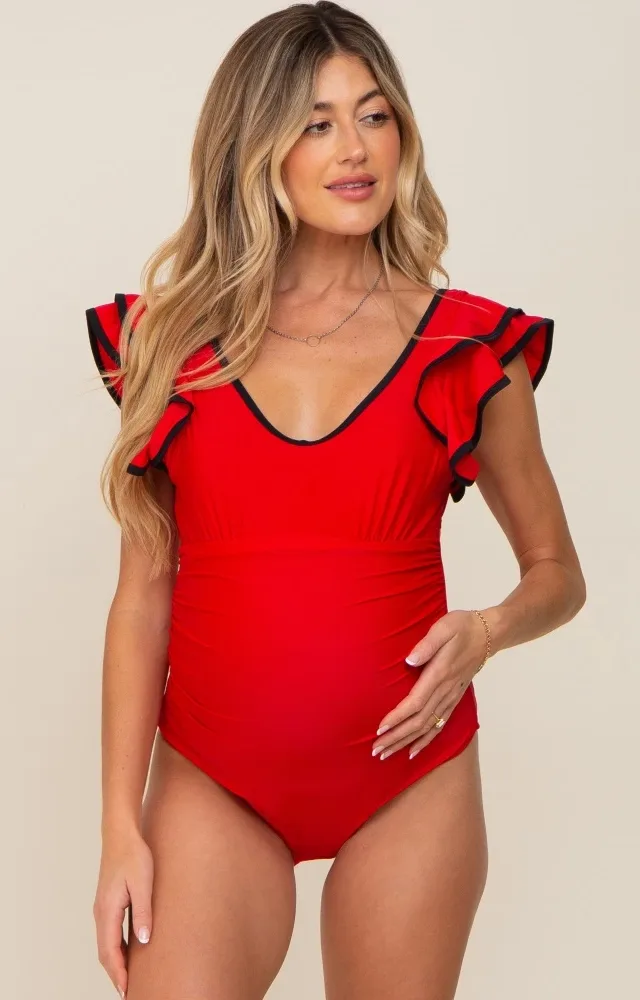 Red Color Blocked Ruffle Shoulder Cutout Back Maternity One Piece Swimsuit