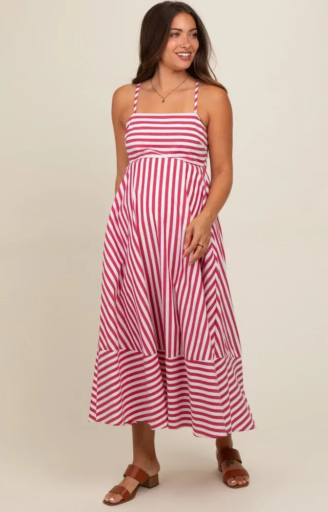 Red Contrast Stripe Maternity Midi Dress