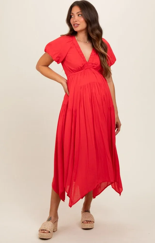 Red Deep V-Neck Puff Short Sleeve Asymmetrical Hem Maternity Midi Dress