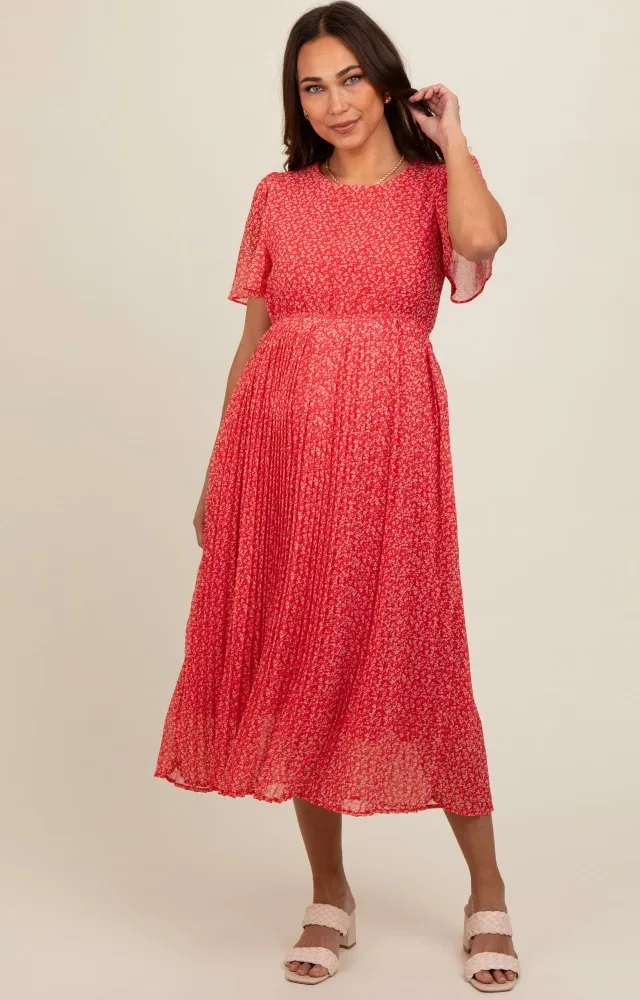 Red Ditsy Floral Pleated Maternity Midi Dress