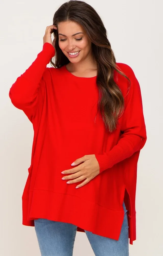 Red Dolman Sleeve Side Slit Maternity Sweater