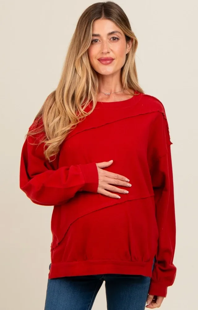 Red Exposed Seam Dolman Sleeve Maternity Sweatshirt