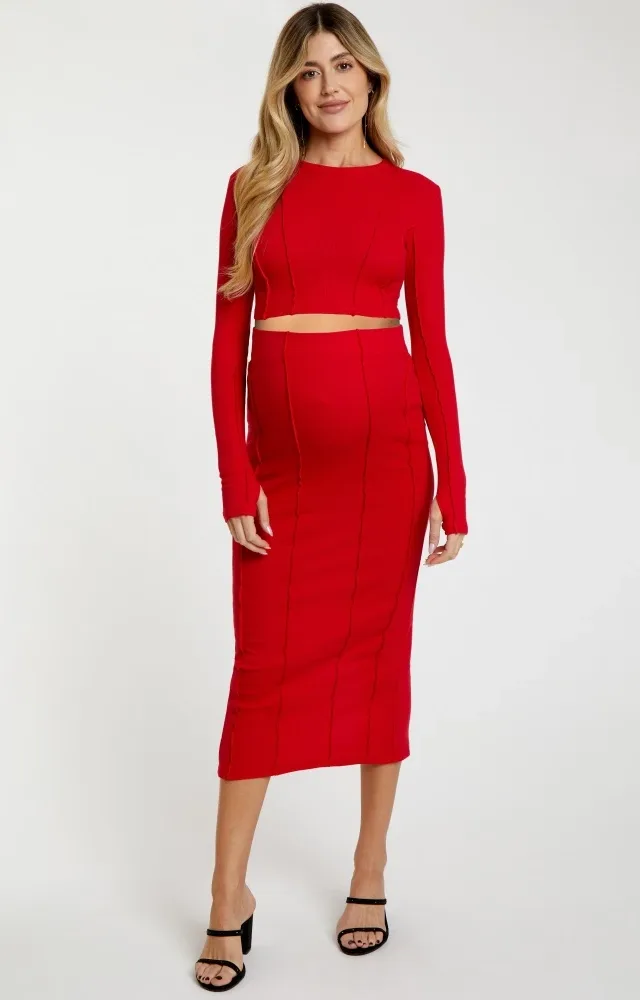 Red Exposed Seams Top And Skirt Maternity Set