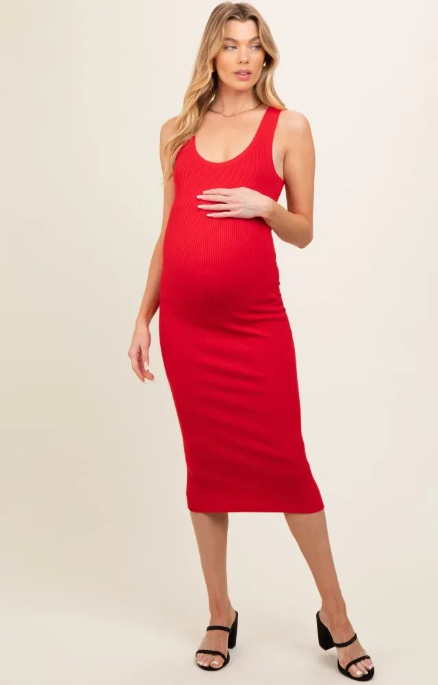 Red Fitted Knit Maternity Midi Dress