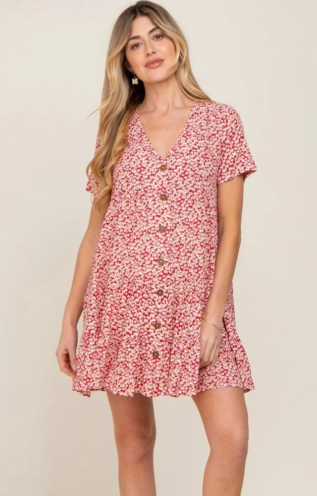 Red Floral Button Down Tiered Maternity Dress