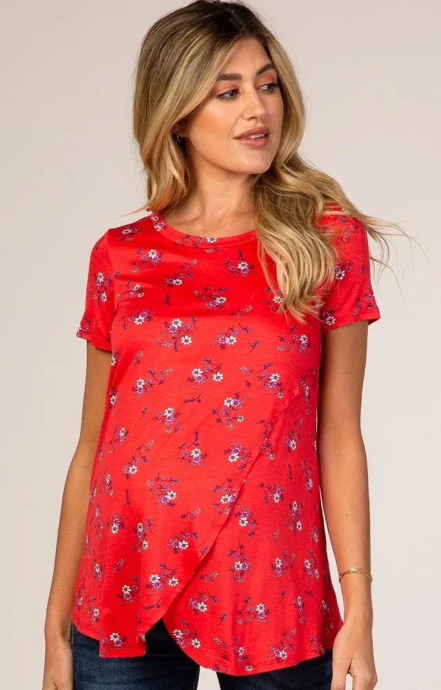 Red Floral Draped Maternity/Nursing Top