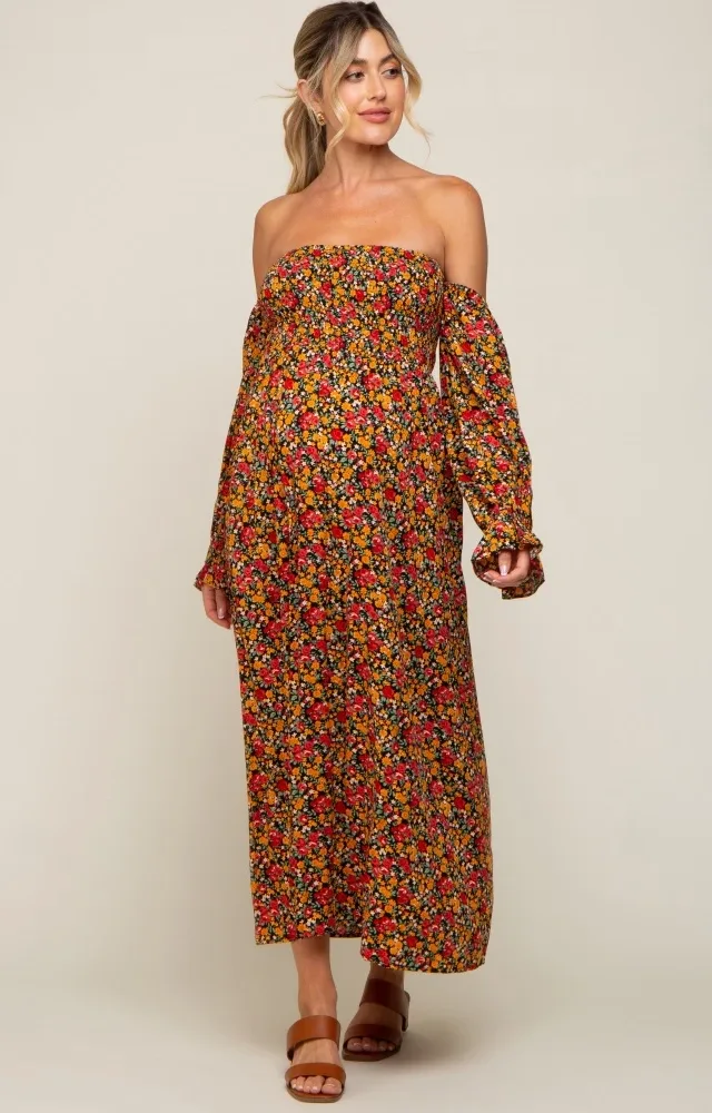 Red Floral Long Sleeve Maternity Maxi Dress