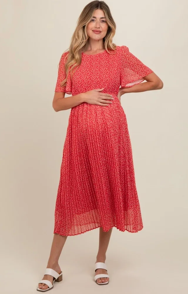 Red Floral Pleated Maternity Midi Dress