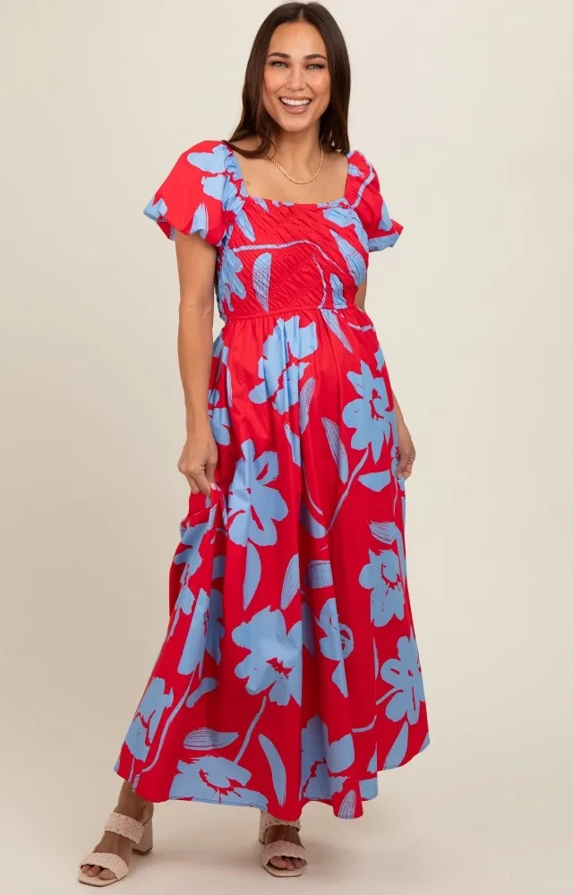 Red Floral Print Bias Smocked Bust Maternity Maxi Dress