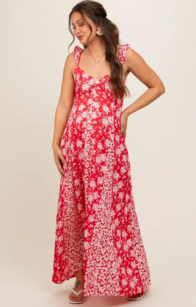 Red Floral Ruffle Shoulder Cut-Out Back Maternity Maxi Dress