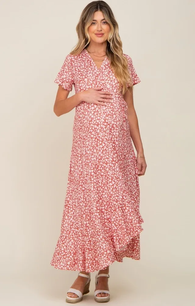 Red Floral Short Sleeve Maternity Wrap Maxi Dress