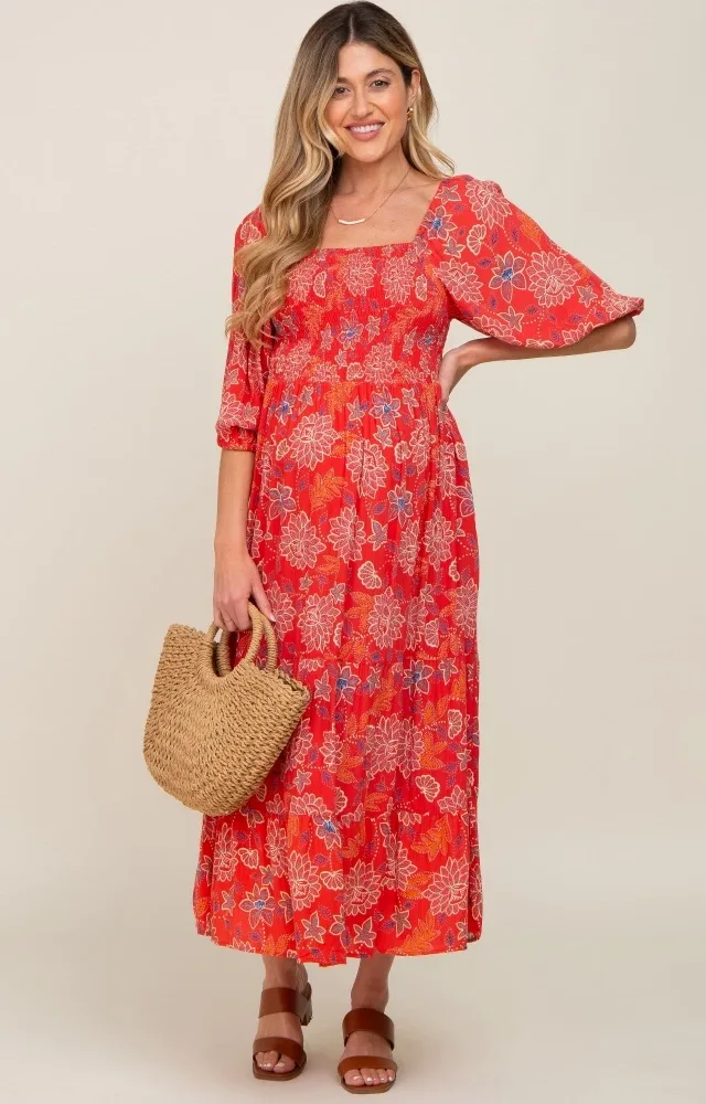 Red Floral Smocked Square Neck Tiered Maternity Midi Dress