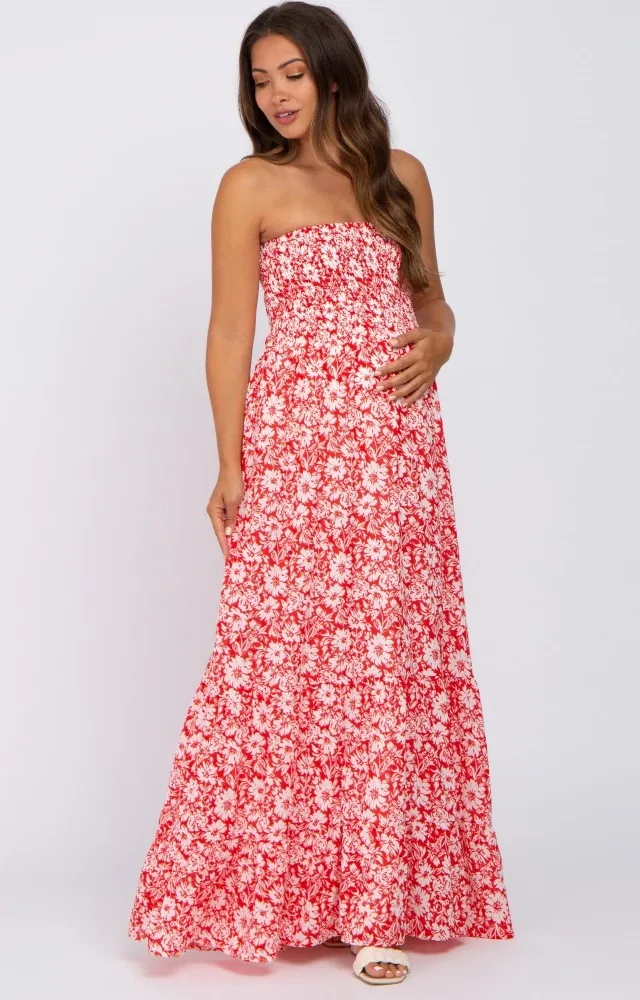 Red Floral Strapless Smocked Maternity Maxi Dress