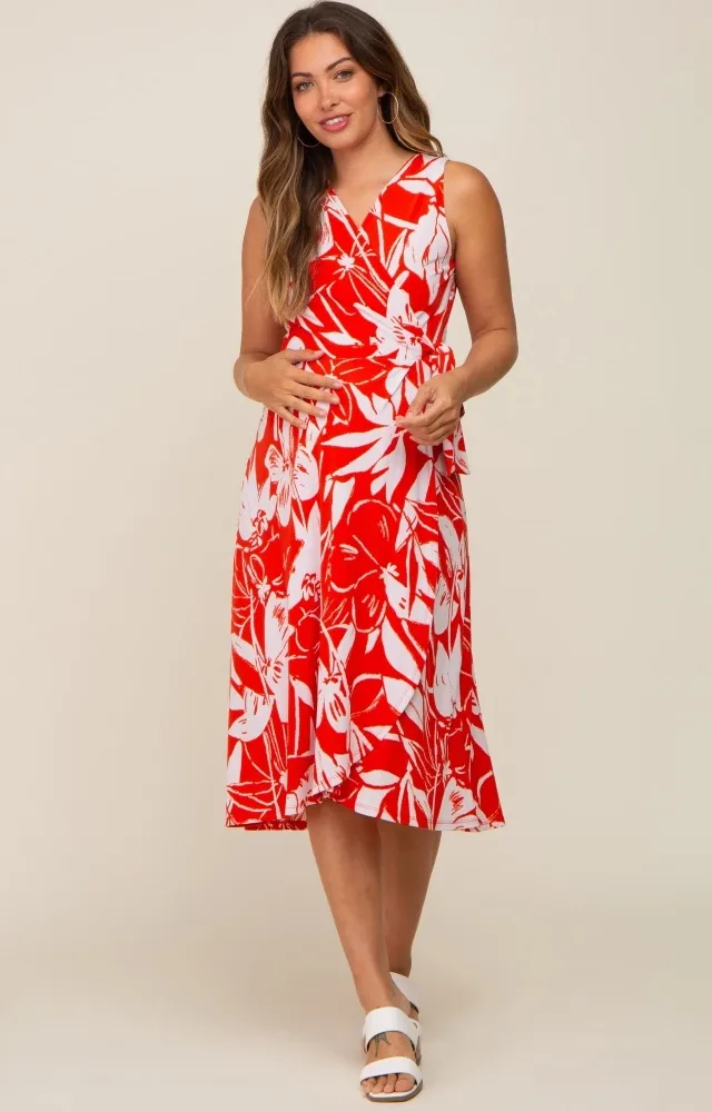 Red Flower Side Tie Maternity Wrap Dress