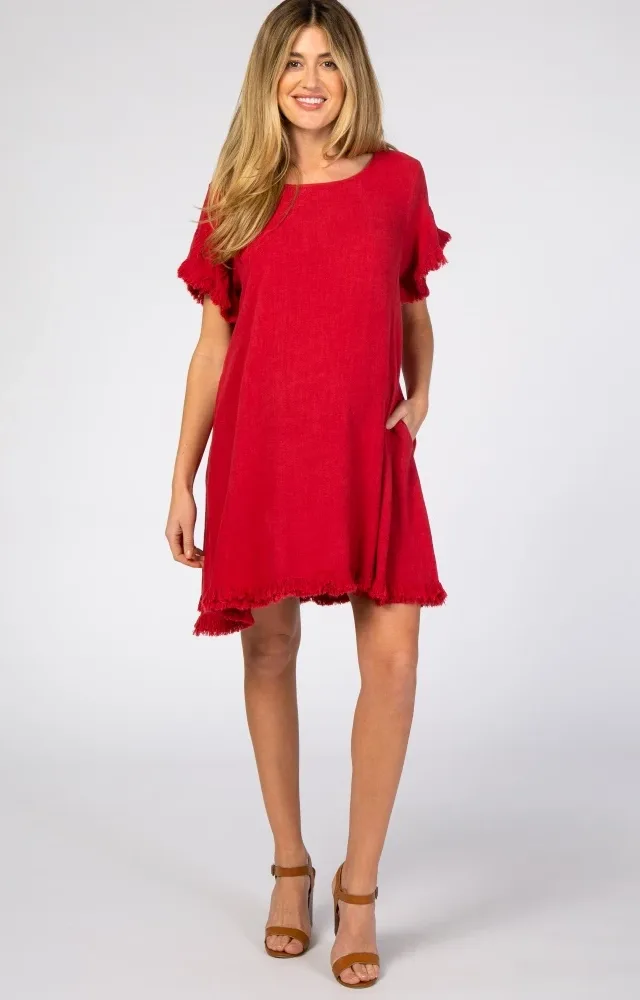 Red Fringe Linen Maternity Dress