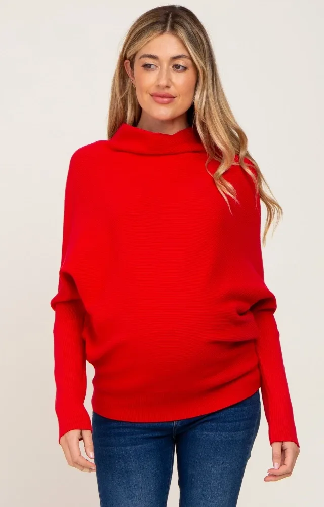 Red Funnel Neck Dolman Sleeve Maternity Sweater