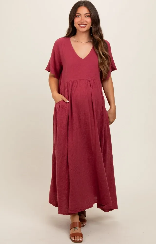 Red Gauze Short Sleeve Maternity Midi Dress