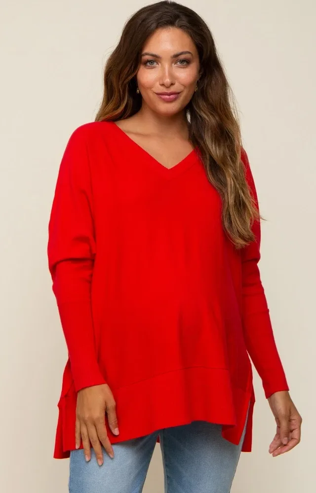 Red Knit Long Dolman Sleeve Maternity Top