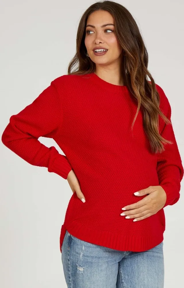 Red Knit Pullover Maternity Sweater