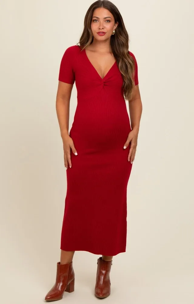 Red Knit Twisted V-Neck Maternity Maxi Dress