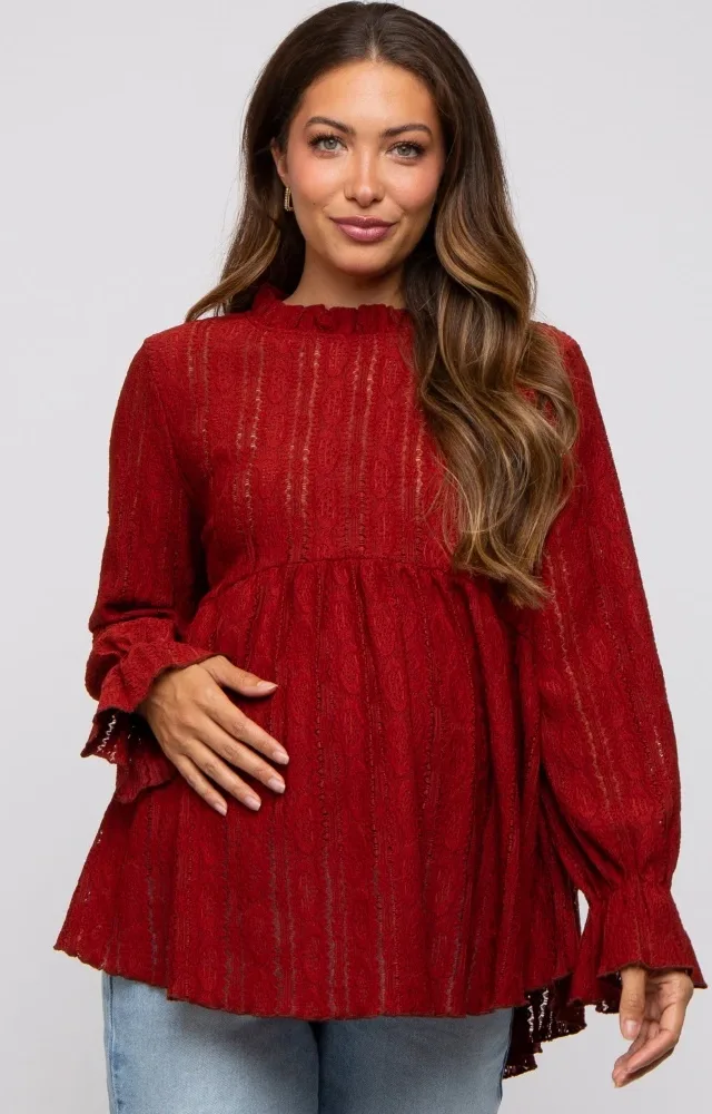 Red Lace Ruffled Neck Maternity Top