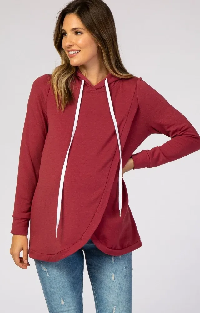 Red Layered Front Maternity/Nursing Fleece Hoodie