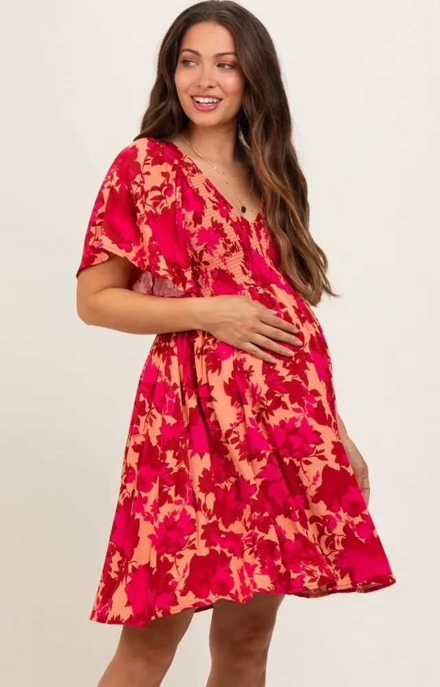 Red Leaf Print Smocked V-Neck Maternity Dress