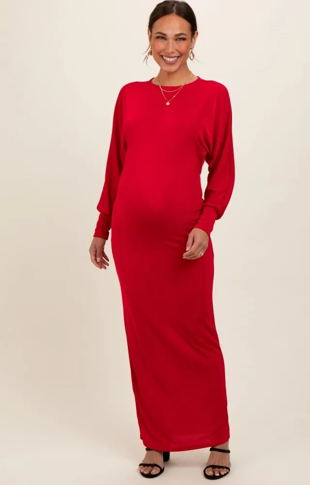 Red Long Sleeve Open Back Maternity Maxi Dress